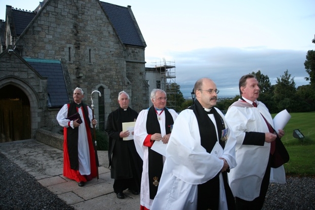 Pictured as part of the procession at the commissioning of the Revd Nigel Crossey as new Chaplain to St Columba's College are (left to right) the Archbishop of Dublin, the Most Revd Dr John Neill, the Diocesan Registrar, the Revd Canon Victor Stacey, the Venerable J Blackburn, who gave the address and the Revd Nigel Crossey, new Chaplain.