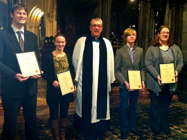 Students from the Archbishop of Dublin’s Certificate in Church Music course were presented with their certificates in Christ Church Cathedral yesterday afternoon (Sunday November 24) during Evensong. Pictured are (left to right) Jonathan Wilson, who successfully completed Year 1, Inga Hutchinson, who completed the entire certificate, the Revd Garth Bunting, Residential Priest Vicar of Christ Church Cathedral, Matthew Breen, and Stephanie Maxwell who both completed Year 2. Joe Bradley, who also completed Year 2, was unable to attend.