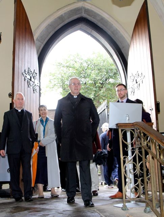 Archbishop Justin Welby enters St Patrick’s Cathedral, with Dean Victor Stacey during his Dublin visit. 