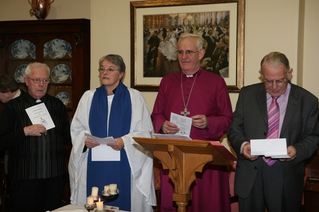 At the carol service at St John's House are (left to right) Fr Sean Hynes, Roman Catholic Chaplain at the House, Joan Kirk, Lay Church of Ireland Chaplain, the Archbishop of Dublin, the Most Revd Dr John Neill and Ivor Moloney, Chairman of St John's House.