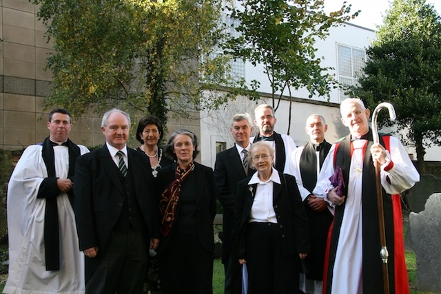 The Revd David MacDonnell; Sir Charles Declan Morgan (Lord Chief Justice of Northern Ireland); Deputy Lord Mayor Eadie Wynne, The Hon Mrs Justice Susan Denham; the Hon Lord Campbell (Supreme Court of Scotland); Dean Dermot Dunne of Christ Church Cathedral, the Hon Mrs Justice Catherine McGuinness; Archdeacon David Pierpoint; and Archbishop Neill pictured at the Opening of the Michaelmas Law Term Service, St. Michan's Church.