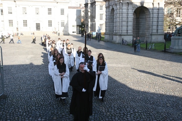 The Choir of Trinity College Dublin process from the Chapel to the Memorial Hall for a short service of remembrance at the hall for members of the college community who died in the world wars.