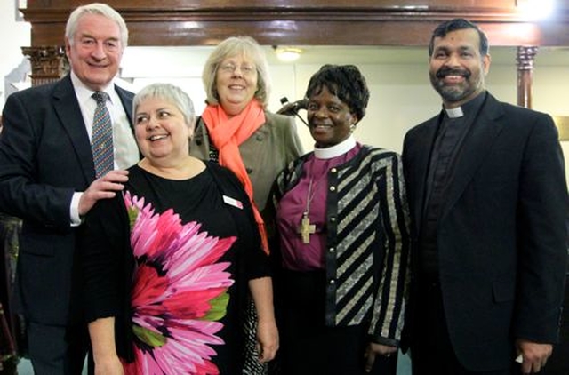 Jan de Bruijn who volunteers with Us. in Ireland; Linda Chambers, National Director of Us. in Ireland; Jannette O’Neill, CEO and Director General of Us. in Britain; the Rt Revd Ellinah Wamukoya, Bishop of Swaziland; and Archdeacon John Perumbalath of Barking, London in St Michan’s Church following the the service celebrating a new name and a new home for Us. (formerly USPG) on Wednesday May 29. 