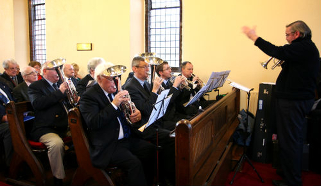 Peter O’Callaghan conducts the Stedfast Brass Band Ensemble in the Mageogh Chapel, Rathmines, which was the venue for the Stedfast Association’s New Year Bible Class.