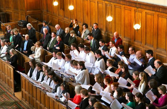 Current members of Trinity Chapel Choir surrounded by former members and visitors at the Festival Eucharist to mark the choir’s 250th anniversary. 