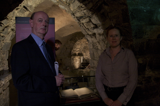 Librarian and Archivist, Dr Raymond Refaussé, and Sarah Drumm, Director of Operations, pictured at the guided tour of Cathedral manuscripts as part of Christ Church's Heritage Week.