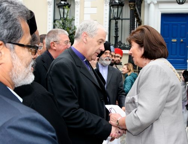 On behalf of the Lord Mayor of Dublin, Cllr Edie Wynne greets the interfaith leaders, including Archbishop Michael Jackson, at the Mansion House at the end of the Dublin City interfaith Forum Walk of Peace. 