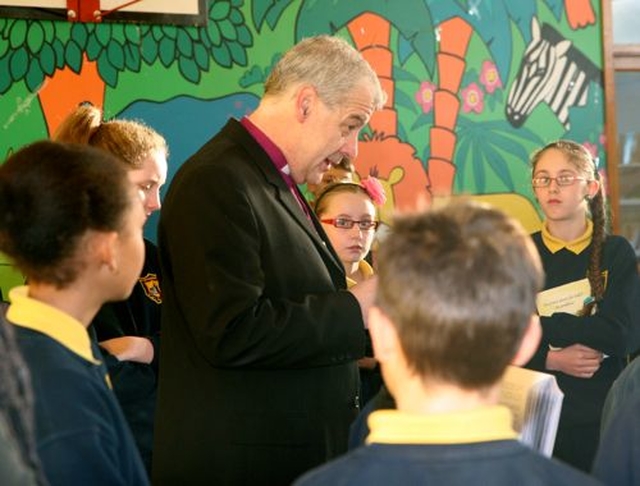 Archbishop Michael Jackson speaking at assembly in St Maelruain’s Church of Ireland School in Tallaght where pupils and staff celebrated the school’s 30th anniversary. 
