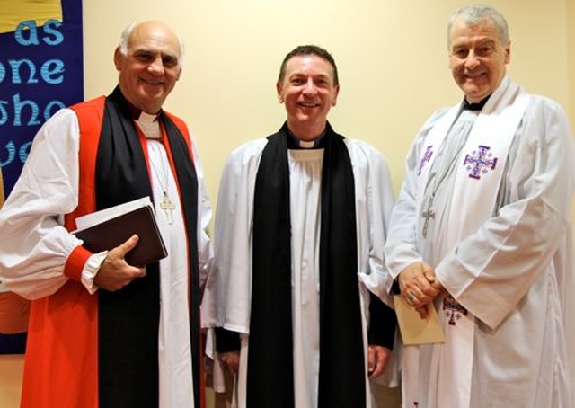 The Revd Arthur Young (centre) was instituted as the new rector of Kill O’ The Grange Parish on April 18. He is pictured with Bishop Ken Clarke, SAMS Mission Director, who preached at the service and Archbishop Michael Jackson who presided. 
