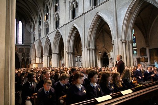 Dublin and Glendalough’s Greg Fromholz amid a sea of students in St Patrick’s Cathedral before the service to mark the start of the academic year for second level students. 