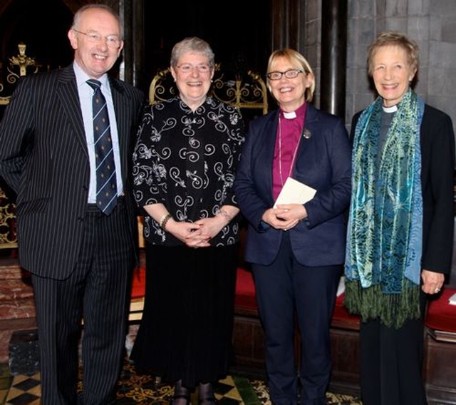 Publisher Ross Hinds, Julia Turner (author), Bishop Pat Storey and Canon Ginnie Kennerley in Christ Church Cathedral at the launch of With Dignity and Grace, a biography of Daphne Wormell who campaigned for the ordination of women.