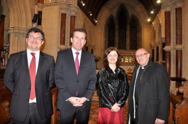 Dr Desmond Earley, Minister of State Aodhán Ó Ríordán, Anne–Marie O’Farrell and the Revd Norman McCausland at the launch of the Ardilaun Music Project in All Saints’ Church, Raheny. (Photo: Leo George Devitt)
