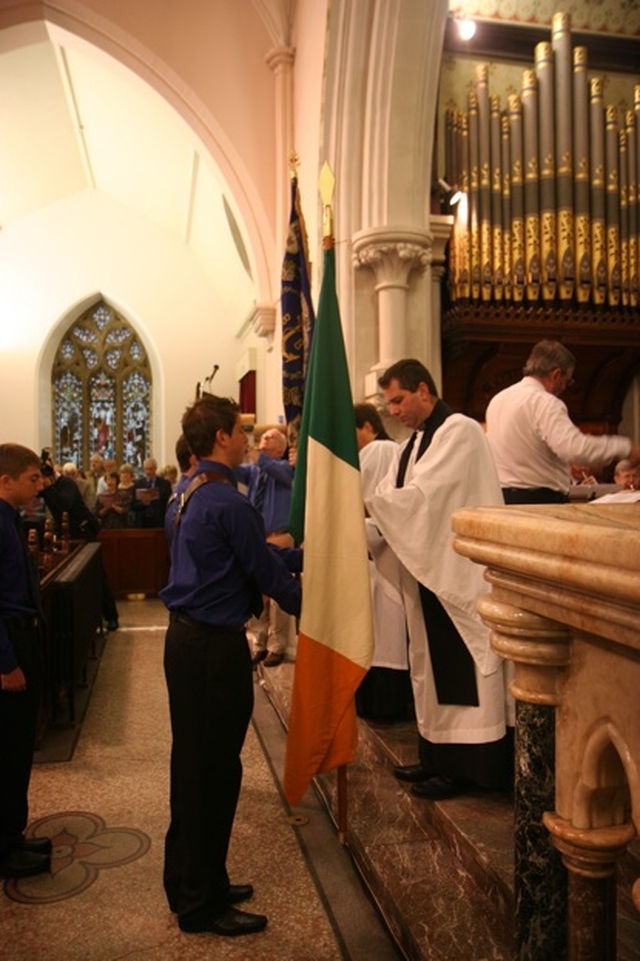 Presentation of the colours to the Revd Derek Sargent, Diocesan Chaplain of the Boys Brigade and the Revd Gillian Wharton, Rector of Booterstown and Mount Merrion at the Boys Brigade Council Service of Thanksgiving in Booterstown, Dublin.