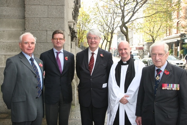Pictured following the Royal British Legion (Republic of Ireland) service of remembrance in St Ann's Church, Dublin are (left to right) Sean Murphy, National Chairman of the Royal British Legion (Republic of Ireland), HE Julian King, the British Ambassador to Ireland, Martin Mansergh TD, Minister of State representing the Government, the Revd David Gillespie, Vicar of St Ann's and The O'Morochu, President of the Royal British Legion (Republic of Ireland).