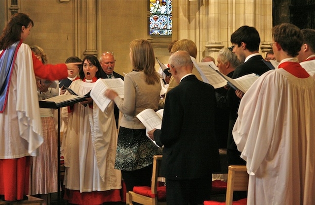 Past and present choristers performing Evensong together in Christ Church Cathedral.