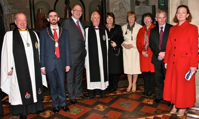 Precentor of St Patrick’s Cathedral, Canon Robert Reed; Cllr Padraid McLoughlin, representing the Lord Mayor of Dublin; the Master of the Rotunda Hospital, Dr Sam Coulter Smith; the Dean of St Patrick’s Cathedral, the Very Revd Victor Stacey; chairperson of the board of governors of the Rotunda Hospital, Hilary Prentice; Pauline Treanor, Secretary/General Manager of The Rotunda Hospital; Margaret Philbin, Director of Midwifery at the Rotunda Hospital; 
Kieran Slevin, Human Resources Manager, Rotunda Hospital; and Ann Charlton, Roman Catholic Chaplain at the Rotunda Hospital following the service to commemorate the tercentenary of the birth of Bartholomew Mosse, founder of the Rotunda, which took place in St Patrick’s Cathedral on Sunday January 27. 

