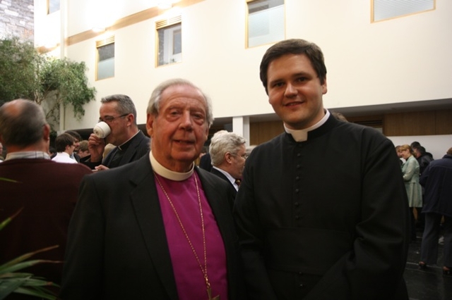 The Rt Revd Samuel Poyntz, retired Bishop of Connor with the Revd Stephen Farrell, Curate at Taney parish, Dundrum at the reception following the ordination of the Revd David MacDonnell to the priesthood in St Michan's Church, Dublin. Bishop Poyntz served as Curate of St Michan's 55 years ago.