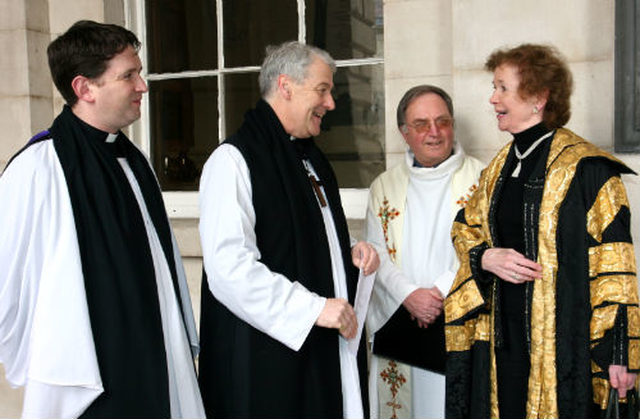 Dean of Residence and Church of Ireland chaplain at Trinity College, Revd Darren McCallig; the Archbishop of Dublin, the Most Revd Dr Michael Jackson; Roman Catholic chaplain at Trinity College, Fr Peter Sexton; and Former Irish President and United Nations High Commissioner for Human Rights and current chancellor of Trinity College, Dr Mary Robinson before the Trinity Monday service in the College Chapel
