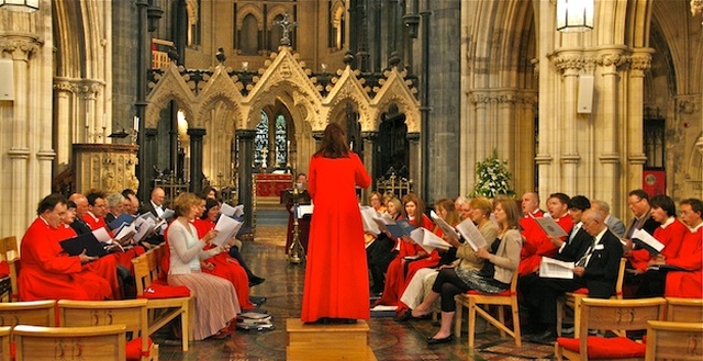 Past and present choristers practising for Evensong in Christ Church Cathedral.