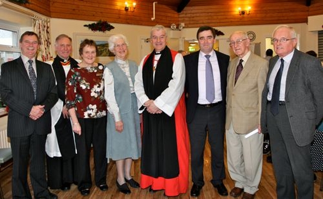 Robin George, Canon Adrian Empey, Susan Anderson, Margaret Mitchell, Archbishop Michael Jackson, Bryan Burdett, Ronald Griffiths and John Bailey following the service of Nine Carols and Lessons in the Brabazon. 
