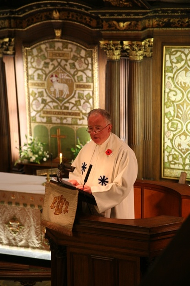 Fr Kevin Purcell from Wellington, New Zealand preaching at the Service of commemoration and thanksgiving in St Ann's Church, Dawson Street to mark ANZAC Day.