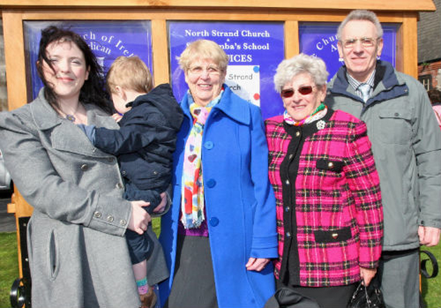 Relatives of the late Cecil Cooper at the dedication of the new noticeboard for North Strand Church and St Columba’s School which has been put up in his memory. Pictured are Cathy and Andrew Cooper; Olive Cooper, Cecil’s wife; Betty Moore, Cecil’s sister; and Kenneth Cooper, Cecil’s brother. 