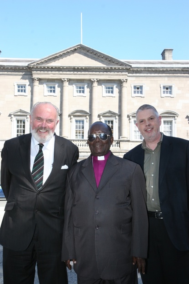 The Rt Revd Christopher Senyonjo of Uganda with Senator David Norris (left) and David McConnell (right) outside Leinster House, Dublin. The Bishop is a supporter of gay rights in his native country and is in Ireland at the invitation of Changing Attitude Ireland.