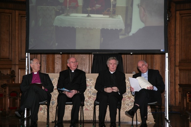 The Four Main Irish Church Leaders, left to right, the Most Revd Alan Harper, Archbishop of Armagh (Church of Ireland), His Eminence, Sean Cardinal Brady, Archbishop of Armagh (Roman Catholic), the Revd Roy Cooper, Former  Methodist President and the Revd Dr John Finlay, Former Moderator of the Presbyterian Church in Trinity College Dublin Chapel before delivering their reflections on their visit to Israel/Palestine earlier in the year.