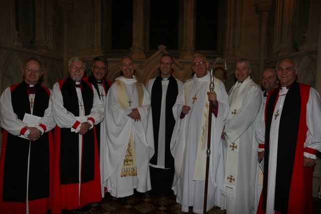 Pictured with the Revd Dr Maurice Elliott (centre) at his Commissioning as Director of the Church of Ireland Theological Institute in Christ Church Cathedral are the Bishops and Archbishops present (left to right) the Most Revd Richard Clarke, Meath and Kildare, the Rt Revd Harold Miller, Down and Dromore, the Rt Revd Trevor Williams, Limerick and Killaloe, the Most Revd Alan Harper, Archbishop of Armagh, the Most Revd Dr John Neill, Archbishop of Dublin, the Rt Revd Michael Jackson, Clogher, the Rt Revd Alan Abernethy, Connor and the Rt Revd Ken Clarke, Kilmore, Elphin and Ardagh.