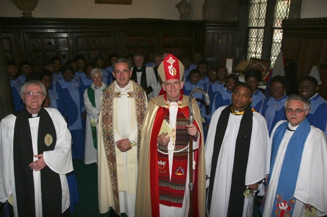 Pictured are some of the clergy at the Diocesan Discovery 5th Anniversary Thanksgiving Service in Christ Church Cathedral (left to right) the Revd Canon Horace McKinley, the Revd Canon Katharine Poulton (background), the Very Revd Dermot Dunne, Dean of Christ Church, the Very Revd Patrick Towers, Former Provost of St Nicholas Collegiate, Galway (preacher, background), the Archbishop of Dublin, the Most Revd Dr John Neill, the Revd Obinna Ulogwara, Diocesan Chaplain to the International Community and Canon Ken Rue (lay Reader). In the background are members of the National Choir of the Redeemed Christian Church of God who were one of the four choirs who sang at the service.