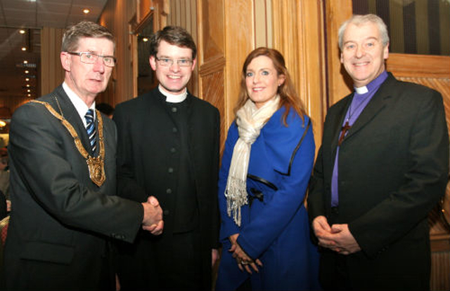 The Cathaoirleach of Dun Laoighre Rathdown County Council, Councillor John Bailey, Revd Niall Sloane, Cllr Maria Bailey and the Archbishop of Dublin, the Most Revd Dr Michael Jackson in Fitzpatrick’s Castle Hotel following Revd Sloane’s institution as rector of Holy Trinity, Killiney. 
