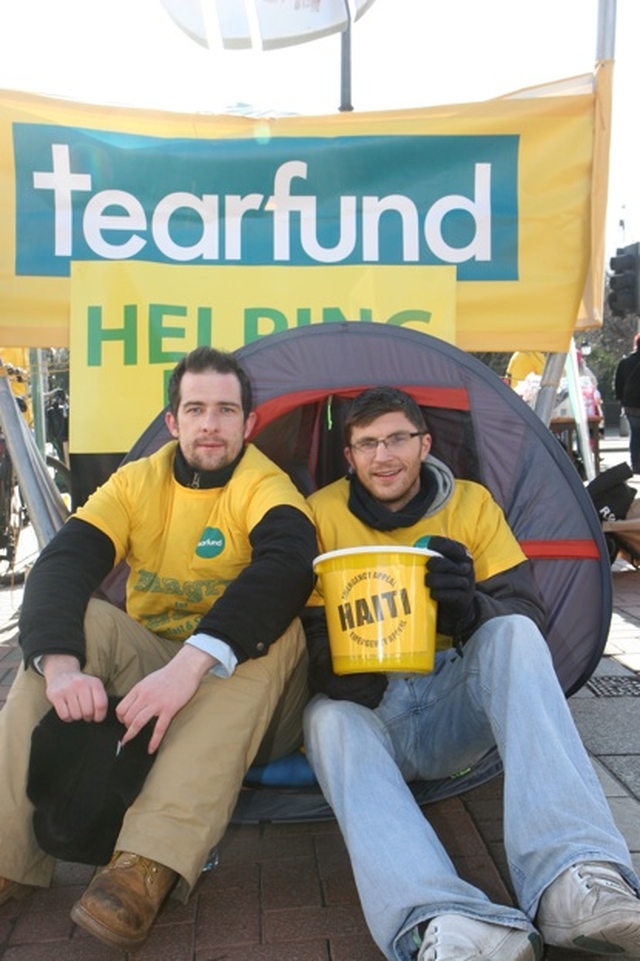 Conor Vavasseur of Goodbody Stockbrokers and Nico Dowling of Atlas Language School in their overnight accomodation in Grafton Street as part of a 24 hour fast and sleep out to raise money for the work of Tearfund in Haiti. Conor and Nico joined friends from CORE church in the collection. 