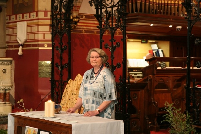 Kay Marshall leading the International Day of Prayer service in St Bartholomew's, Clyde Road. This years's service was arranged by the women of Cameroon. 