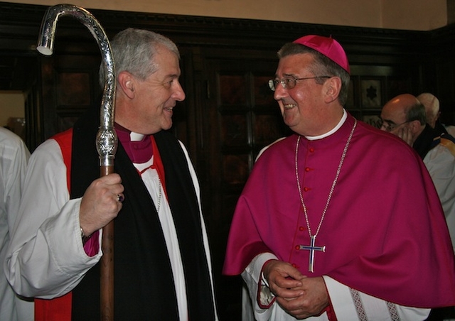 The Most Revd Michael Jackson, Archbishop of Dublin and Bishop of Glendalough, and the Most Revd Diarmuid Martin, Roman Catholic Archbishop of Dublin, following the former's enthronement in Christ Church Cathedral. Archbishop Martin read the Gospel at the service.
