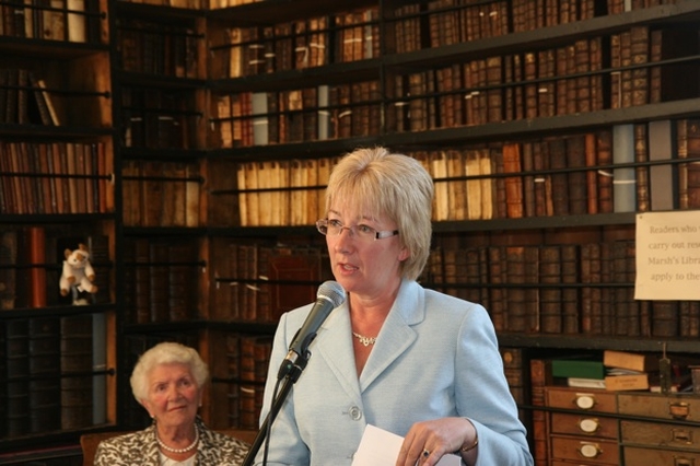 The Minister for Arts, Tourism and Sport, Mary Hanafin TD speaking at the launch of Hippocrates Revived, an exhibition of books on anatomy and medicine in Marsh's Library.