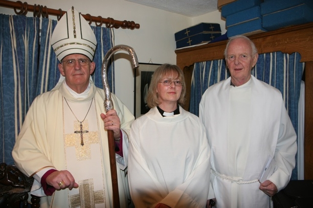 Pictured before her ordination to the Priesthood in St Brigid's Church, Stillorgan is the Revd Ruth Elmes (centre) with her father, the Venerable Donald Keegan (right) and the Archbishop of Dublin, the Most Revd Dr John Neill.