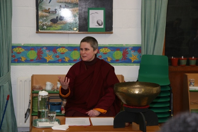 Pictured is Tibetan Buddhist Nun, Ani Tsondru delivering a talk on Buddhism in St Bartholomew's Parish hall. The talk is one of a series on inter-faith relations.