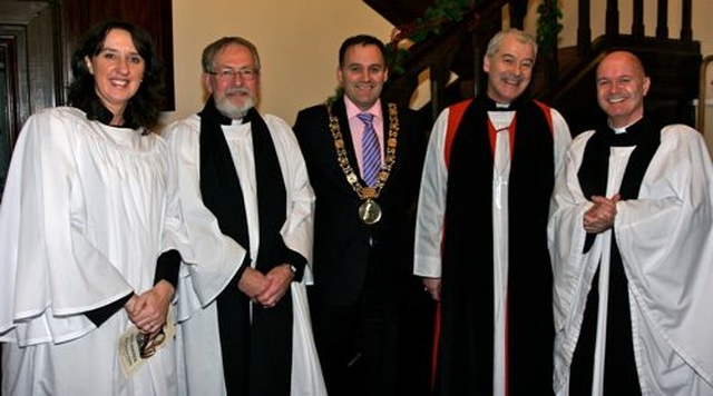 Cathy Hallissey, the Revd Martin O’Connor, Lord Mayor of Dublin Naoise Ó Muirí; Archbishop Michael Jackson and the Revd David Gillespie in St Ann’s Church, Dawson Street, following the Civic Carol Service. Among the readers at the service of nine lessons and carols were the Lord Mayor of Dublin Naoise Ó Muirí, representatives of the Irish Paralympic  team, the Head Chaplain to the Defence Forces, Fergus Finlay of Bernardos and Fr Peter McVerry.