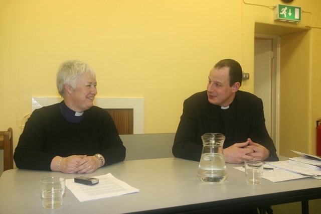 The Revd Canon Katharine Poulton and the Revd Roy Byrne speaking at one of the Advent Talks in North Strand School. Canon Poulton was speaking on her Ministry with Immigrants in Central Dublin.