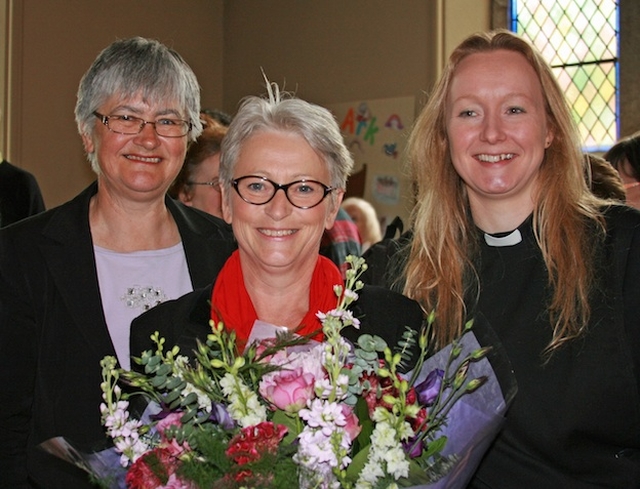 Irene Barber (centre) pictured with Margaret Wynne and the Revd Sonia Gyles, Rector, at a presentation to mark her retirement as a teacher in Sandford Parish National School. Photo: David Wynne.