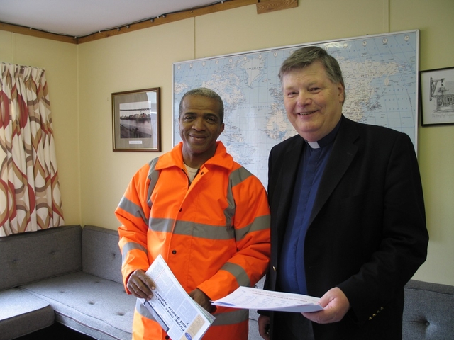 Pictured at the Mission to Seafarers cabin at Dublin Dock are Georges Almeida, a sailor from Cape Verde recently arrived into Dublin on board the MV RMS Laar with Mission to Seafarers Honorary Chaplain, the Revd Willie Black.