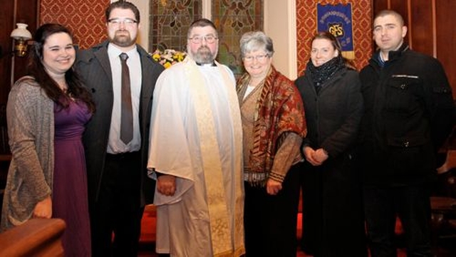 The Revd Neal O’Raw and his wife Siobhán with two of their sons and partners at his institution as Rector of Donoughmore and Donard with Dunlavin. 