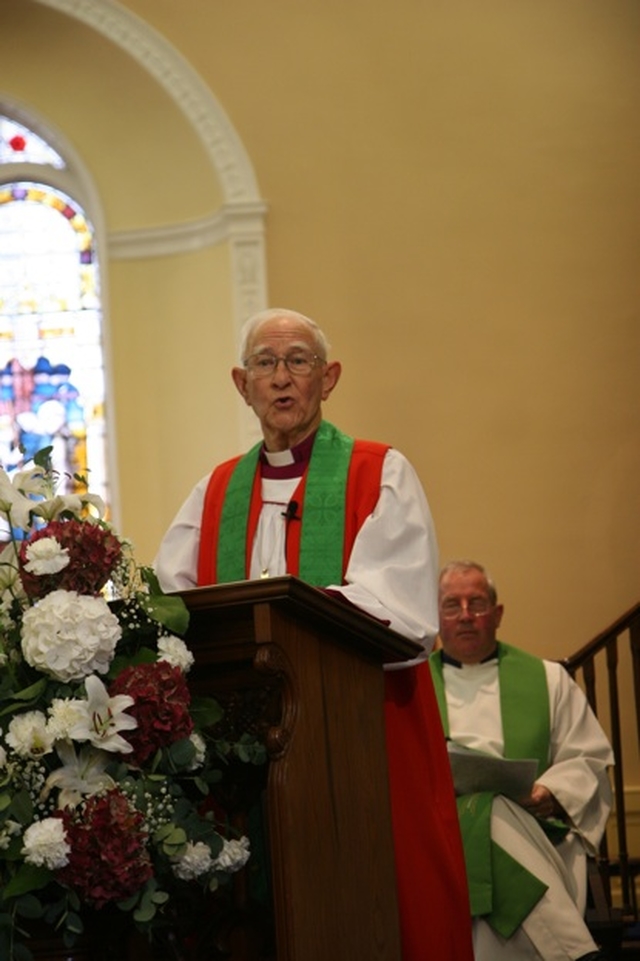 Pictured is the Rt Revd Roy Warke, former Bishop of Cork delivering the address at the Eucharist to mark the re-opening and re-dedication of Rathfarnham War Memorial Hall.