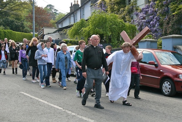 Good Friday Ecumenical Way of the Cross travelling through Enniskerry village on its way from St Mary's Church, Enniskerry to St Patrick's Church, Powerscourt.