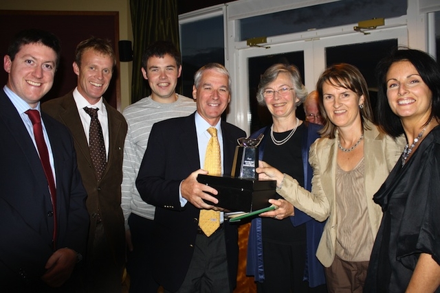 Pictured receiving the Pact Golf Trophy are team captain Graham Richards, Partner, Matheson Ormsby Prentice; Barry Moloney; Eddie Lynch and Daniel Kelly; also pictured are Ann Budd, Pact President; Marian Lyons, PR and Fundraising Officer, Pact; and Gael Leitch of 98FM. Photo: Denis Poynton