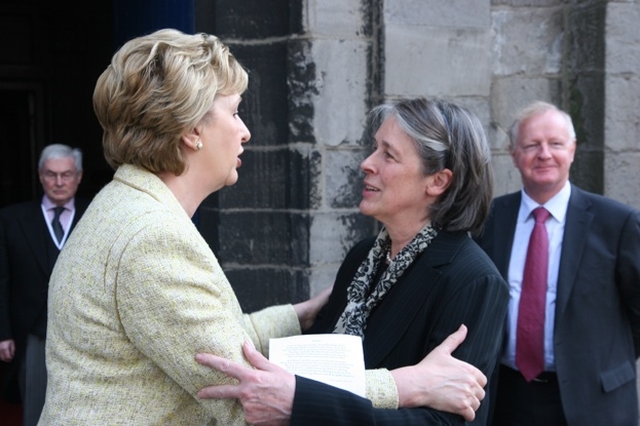 Uachtaráin na hÉireann, Mary McAleese greets the Honourable Susan Denham, Chief Justice at the law service in St Michan’s Church, Dublin.