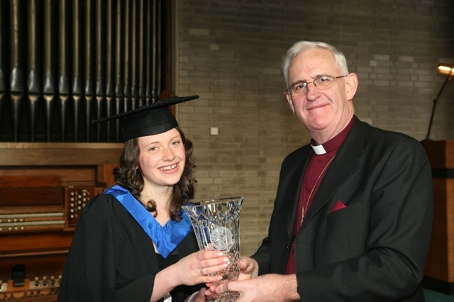 Sarah Haworth from Rathfarnham is presented with the Governors' Prize for the student who has made the most significant contribution to the life of the college by the Archbishop of Dublin, the Most Revd Dr John Neill at the graduation day celebration in the Church of Ireland College of Education.