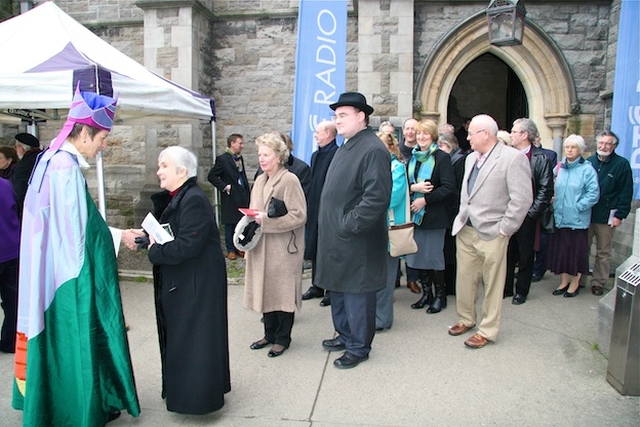 The Most Revd Dr Katherine Jefferts Schori, Presiding Bishop of the Episcopal Church of the USA, greeting the congregation after preaching in Christ Church Cathedral.