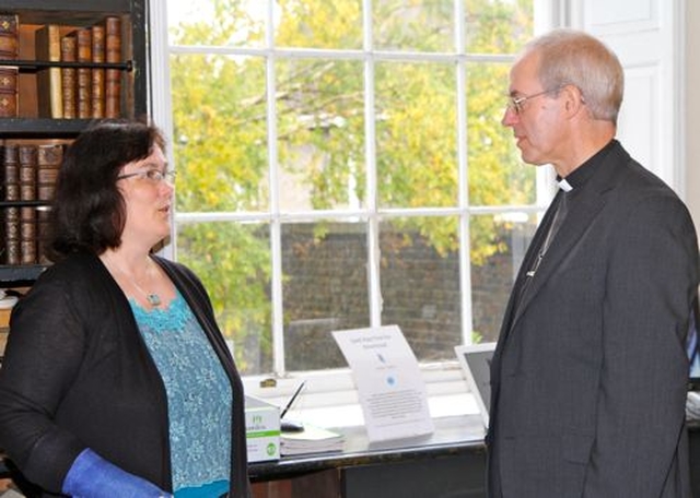 The Archbishop of Canterbury, the Most Revd Justin Welby  and Deputy Keeper of Marsh’s Library, Sue Hemmens, in Marsh’s Library. 