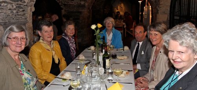 Valrie Houlden, Patricia Sweetman, Heather Bell, Dell Lundy, Alec Bell, Eileen Kennedy and Anne Griffin at the Friends of Christ Church Cathedral traditional salmon and strawberry lunch in the Crypt yesterday, May 26.